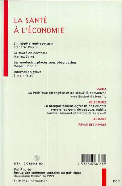 Politix, LA SANTÉ À L'ÉCONOMIE (9782738481368-back-cover)