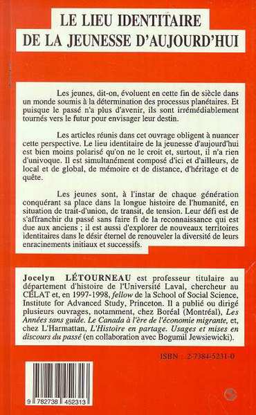 LE LIEU IDENTITAIRE DE LA JEUNESSE D'AUJOURD'HUI, Etudes de cas (9782738452313-back-cover)