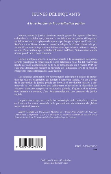 Jeunes délinquants, A la recherche de la socialisation perdue (9782738478733-back-cover)