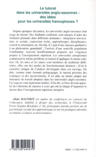 LE TUTORAT DANS LES UNIVERSITÉS ANGLO-SAXONNES : des idées pour les universités francophones ? (9782738494979-back-cover)