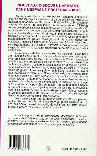 NOUVEAUX DISCOURS NARRATIFS DANS L'ESPAGNE POSTFRANQUISTE 1975-1995 (9782738474988-back-cover)