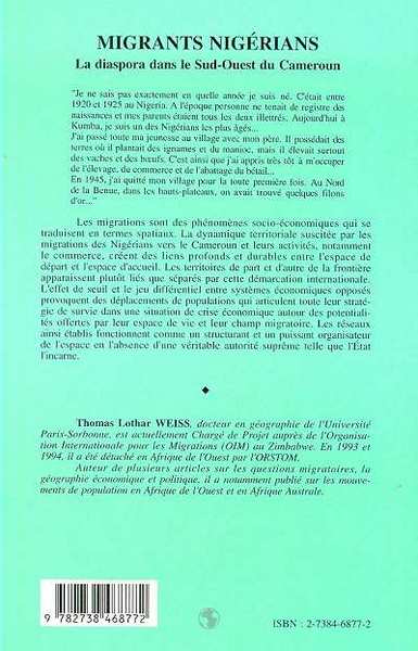 Géographie et Cultures, Migrants Nigérians, La diaspora dans le Sud-Ouest du Cameroun (9782738468772-back-cover)