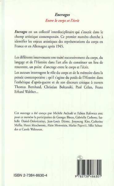 Encrages, ENTRE LE CORPS ET L'ÉCRIT, Cahiers d'esthétique (9782738486301-back-cover)