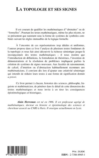 LA TOPOLOGIE ET SES SIGNES, Éléments pour une histoire sémiotique des mathématiques (9782738489456-back-cover)