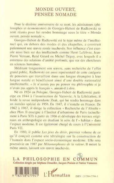 MONDE OUVERT, PENSÉE NOMADE, En l'honneur de Georges-Hubert de Radkowski (9782738477941-back-cover)