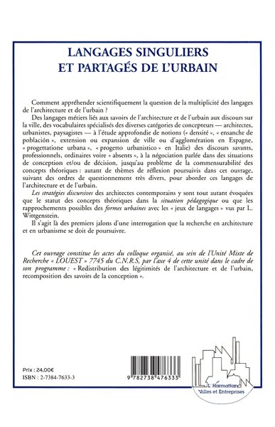 LANGAGES SINGULIERS ET PARTAGES DE L'URBAIN (9782738476333-back-cover)
