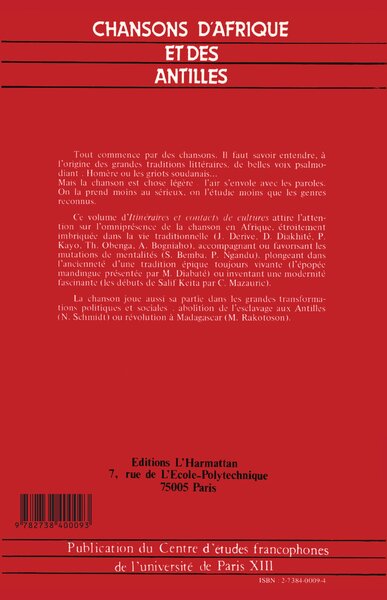 Itinéraires et Contacts de cultures, Chansons d'Afrique et des Antilles (9782738400093-back-cover)