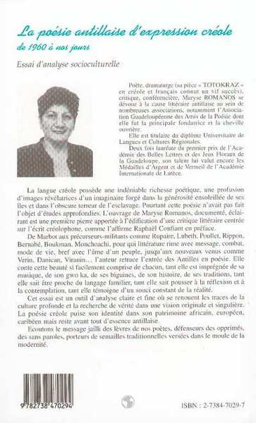 La Poésie Antillaise d'expression Créole de 1960 à Nos Jours, Essai d'analyse socioculturelle (9782738470294-back-cover)