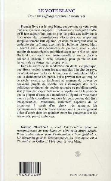 LE VOTE BLANC, Pour un suffrage vraiment universel (9782738476289-back-cover)