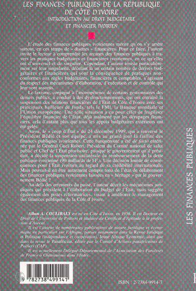 LES FINANCES PUBLIQUES DE LA RÉPUBLIQUE DE CÔTE D'IVOIRE, Introduction au droit budgétaire et financier ivoirien (9782738499141-back-cover)