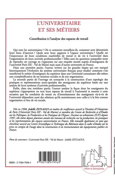 L'UNIVERSITAIRE ET SES MÉTIERS, Contribution à l'analyse des espaces de travail (9782738479563-back-cover)