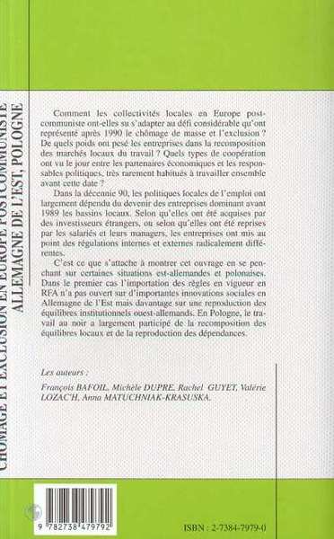 CHÔMAGE ET EXCLUSION EN EUROPE POSTCOMMUNISTE ALLEMAGNE DE L'EST, POLOGNE (9782738479792-back-cover)