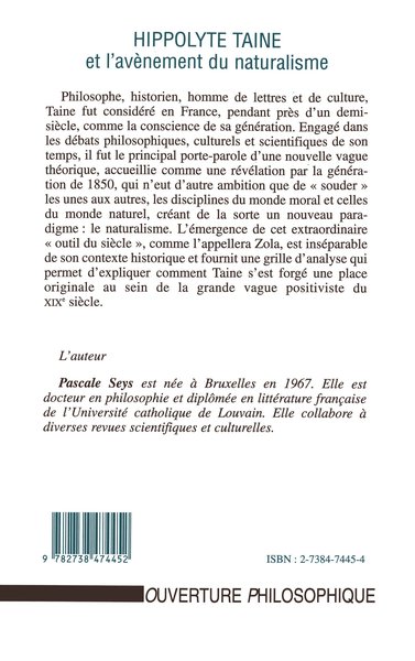 HIPPOLYTE TAINE ET L'AVENEMENT DU NATURALISME, Un intellectuel sous le second Empire (9782738474452-back-cover)