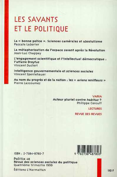 Politix, LES SAVANTS ET LE POLITIQUE (9782738487803-back-cover)