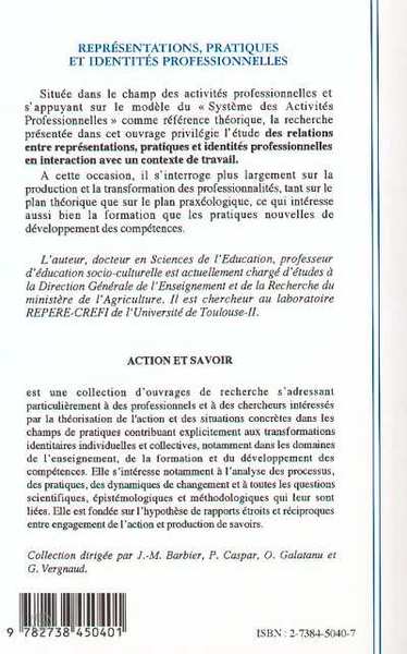 REPRESENTATIONS, PRATIQUES ET IDENTITES PROFESSIONNELLES (9782738450401-back-cover)