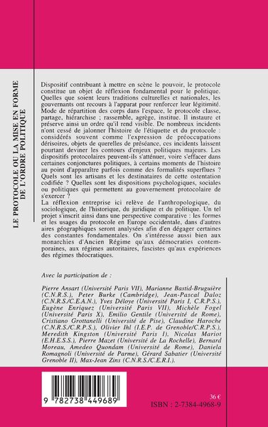 LE PROTOCOLE OU LA MISE EN FORME DE L'ORDRE POLITIQUE (9782738449689-back-cover)