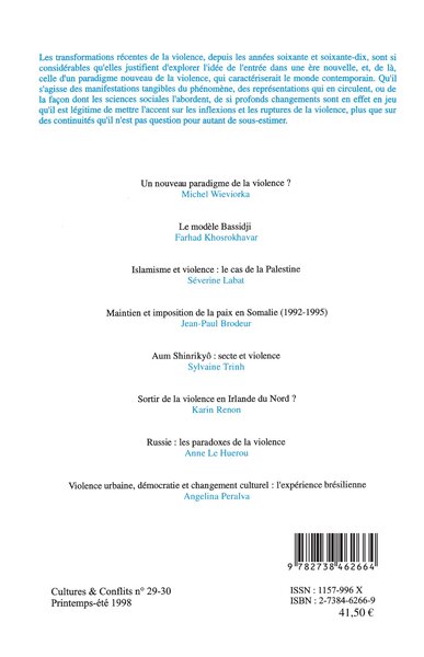 Cultures et Conflits, UN NOUVEAU PARADIGME DE LA VIOLENCE (n° 29-30) (9782738462664-back-cover)