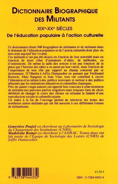 Dictionnaire biographique des militants XIXè-XXè siècles, De l'éducation populaire à l'action culturelle (9782738444332-back-cover)