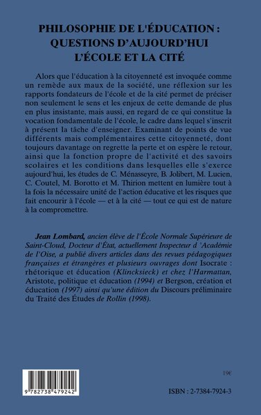 Philosophie de l'éducation : questions d'aujourd'hui, L'école et la cité (9782738479242-back-cover)