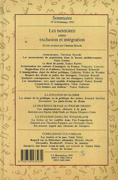 Confluences Méditerranée, Les immigrés entre exclusion et intégration (9782738433930-back-cover)
