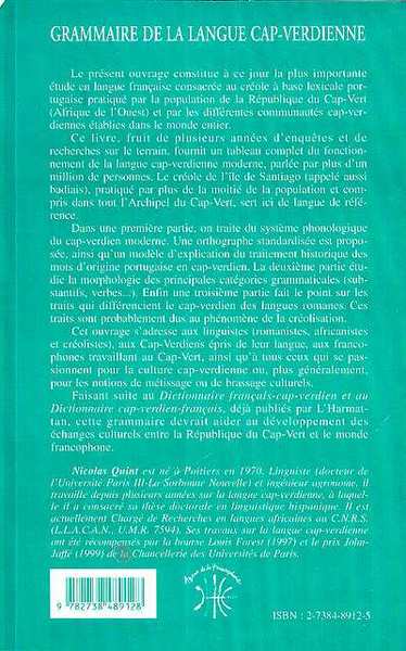 GRAMMAIRE DE LA LANGUE CAP-VERDIENNE, Étude descriptive et compréhensive du créole afro-portugais des Iles du Cap-Vert (9782738489128-back-cover)