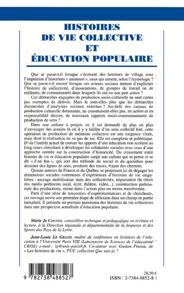 HISTOIRES DE VIE COLLECTIVE ET EDUCATION POPULAIRE (9782738488527-back-cover)