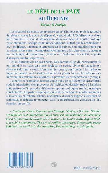 LE DEFI DE LA PAIX AU BURUNDI, Théorie & Pratique (9782738473431-back-cover)