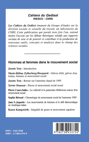 Hommes et femmes dans le mouvement social, Cahiers du Gedisst 1 (9782738453754-back-cover)