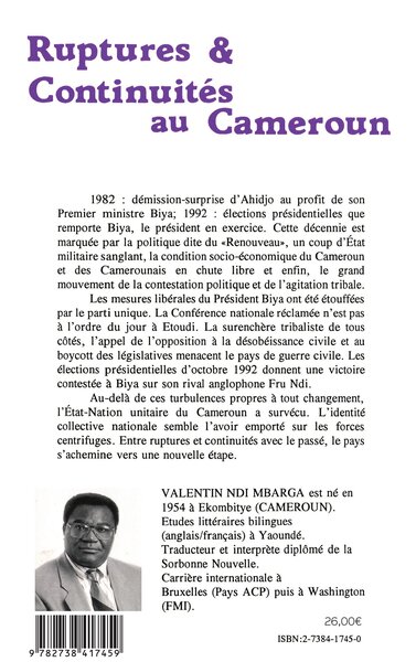 Ruptures et continuités au Cameroun (9782738417459-back-cover)