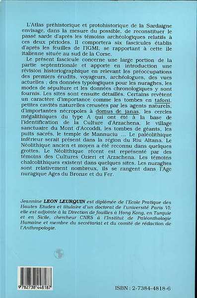 Atlas préhistorique et protohistorique de la Sardaigne, Tome 1 - Nurra, Sassarese, Angolna, Gallura (9782738448187-back-cover)