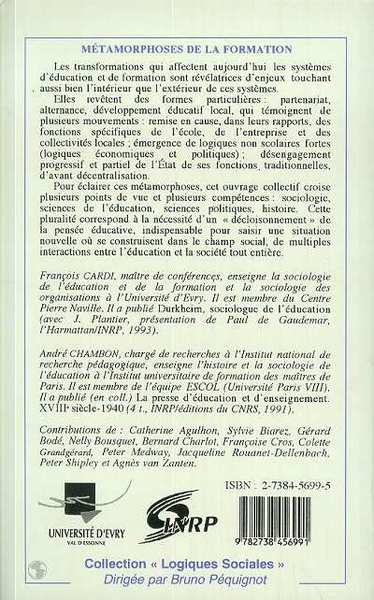 METAMORPHOSES DE LA FORMATION, Alternance, partenariat, développement local (9782738456991-back-cover)