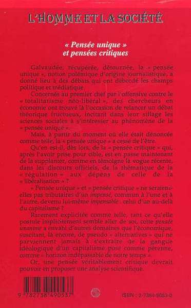 " PENSEE UNIQUE " ET PENSEES CRITIQUES, L'Homme et la Société n°135 (9782738490537-back-cover)