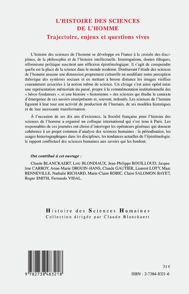 HISTOIRE DES SCIENCES DE L'HOMME, Trajectoires, enjeux et questions vives (9782738483218-back-cover)