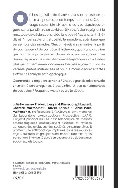 Masquer le monde, Pensées d'anthropologues sur la pandémie (9782806105370-back-cover)