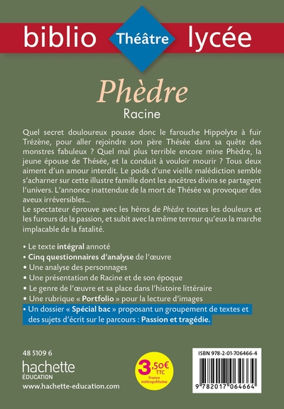 Bibliolycée - Phèdre, Racine - Parcours Passion et Tragédie (texte intégral) (9782017064664-back-cover)