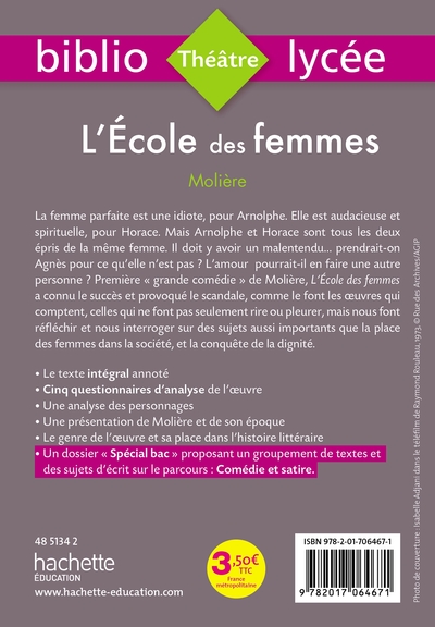 Bibliolycée - L'Ecole des femmes, Molière - Parcours Comédie et satire (texte intégral) (9782017064671-back-cover)