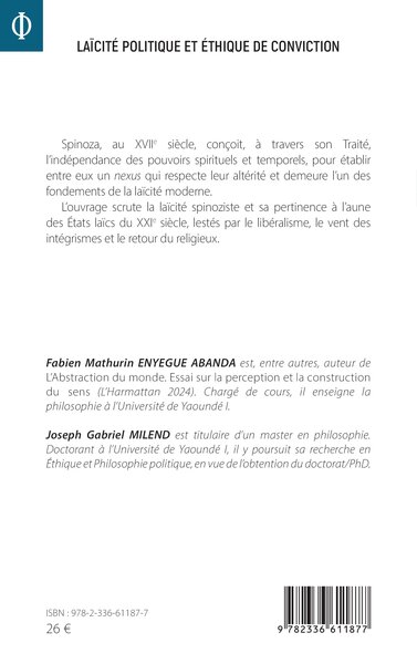 Laïcité politique  et éthique de conviction, Le problème du théologico-politique chez Spinoza et ses implications dans le monde  (9782336611877-back-cover)
