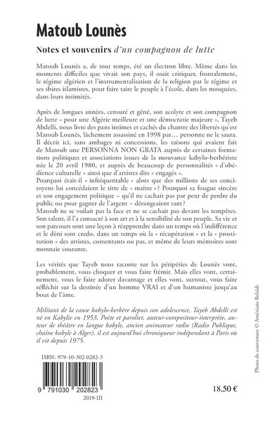 Matoub Lounès, notes et souvenirs d'un compagnon de lutte (9791030202823-back-cover)