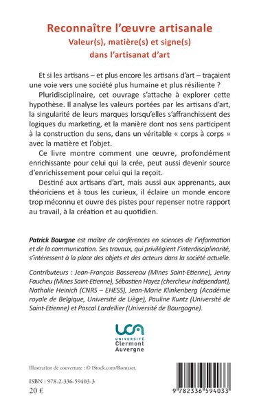 Reconnaître l’œuvre artisanale, Valeur(s), matière(s) et signe(s) dans l’artisanat d’art (9782336594033-back-cover)