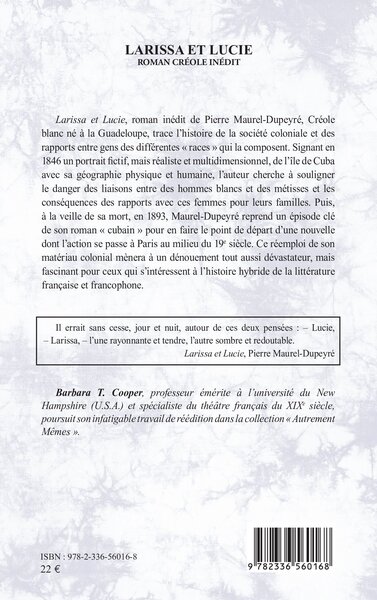 Larissa et Lucie, Roman créole inédit suivi de Le collier de perles, nouvelle inédite (9782336560168-back-cover)