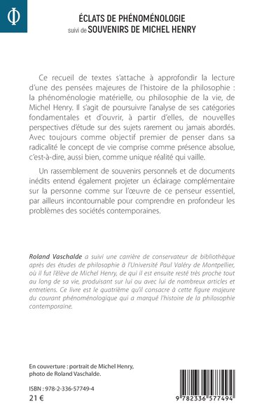 Éclats de phénoménologie suivi de Souvenirs de Michel Henry (9782336577494-back-cover)
