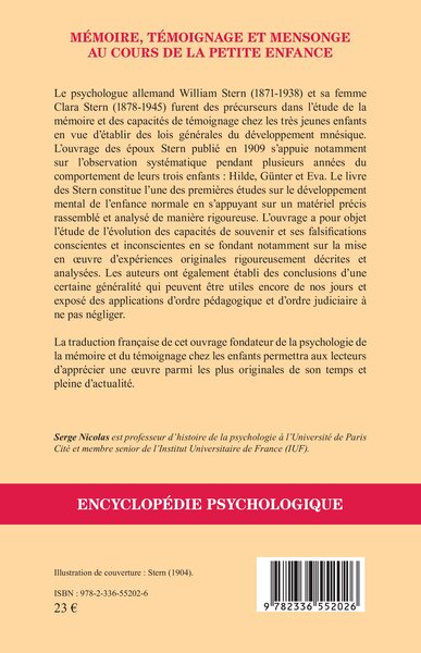 Mémoire, témoignage et mensonge au cours de la petite enfance (9782336552026-back-cover)