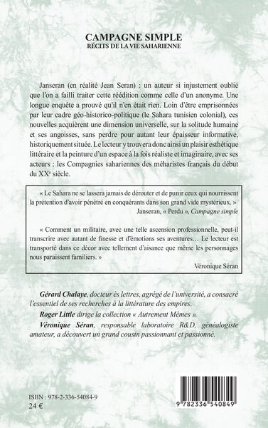 Campagne simple, Récits de la vie saharienne suivis de nombreux documents inédits (9782336540849-back-cover)