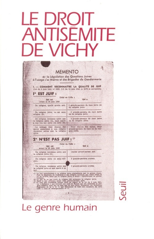 Le Genre humain, n° 30-31, tome 30, Le Droit antisémite de Vichy (9782020293662-front-cover)