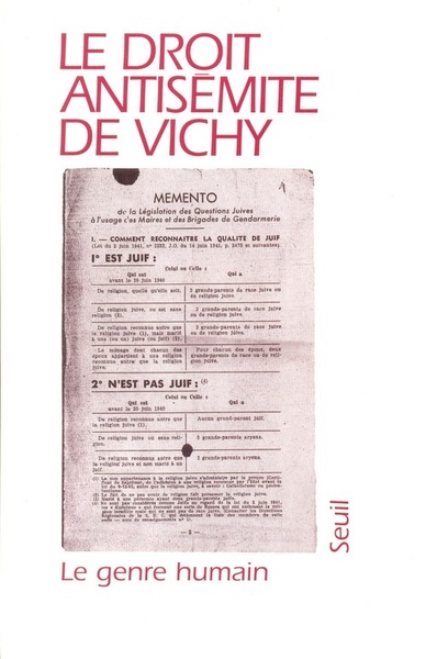 Le Genre humain, n° 30-31, tome 30, Le Droit antisémite de Vichy (9782020293662-front-cover)