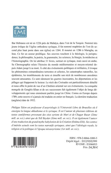 La chronographie de Bar Hebraeus (Volume I) (9782806610003-back-cover)