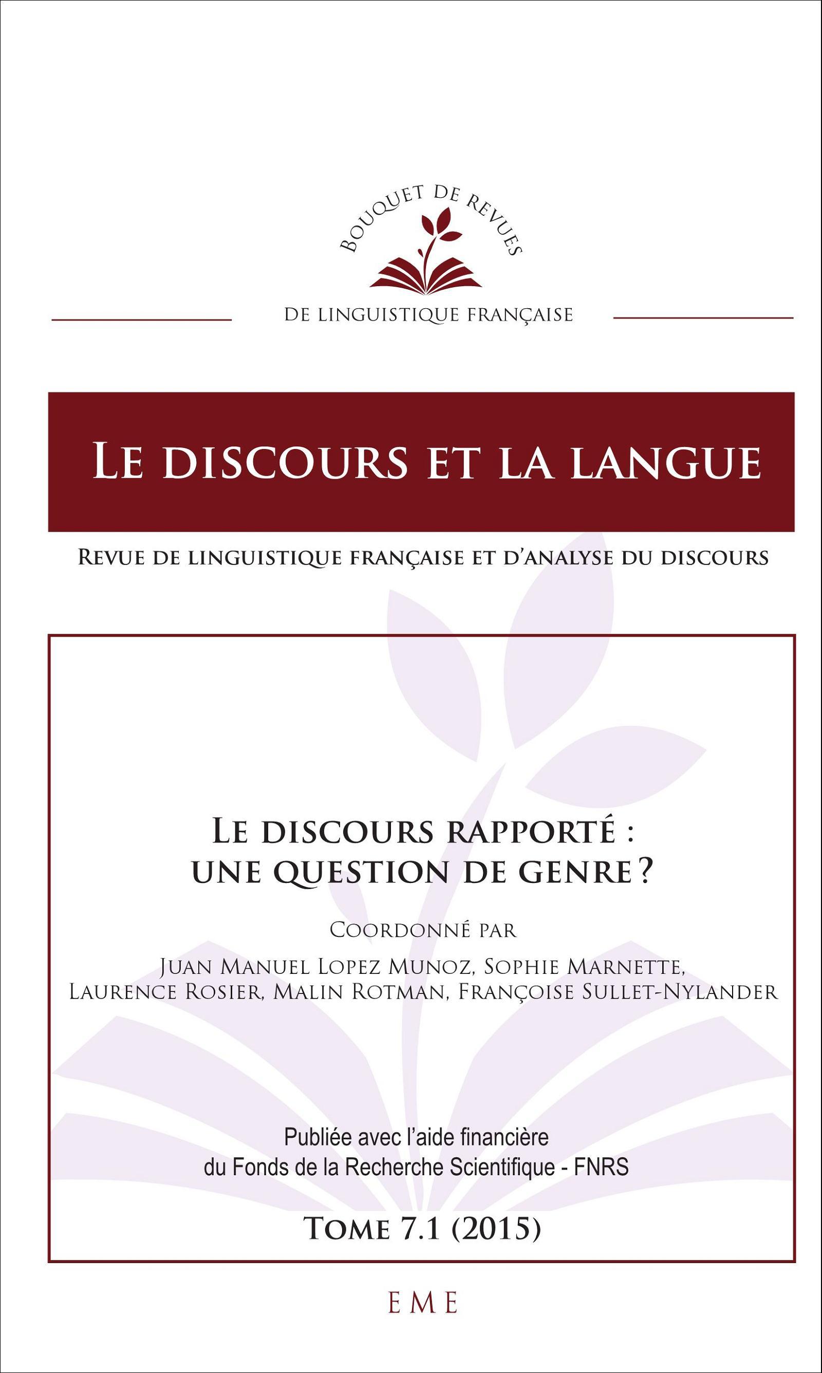 Le discours et la langue, Le discours rapporté : une question de genre ? (9782806632159-front-cover)