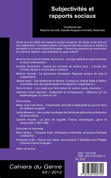 Cahiers du Genre, Subjectivités et rapports sociaux (9782336290720-back-cover)