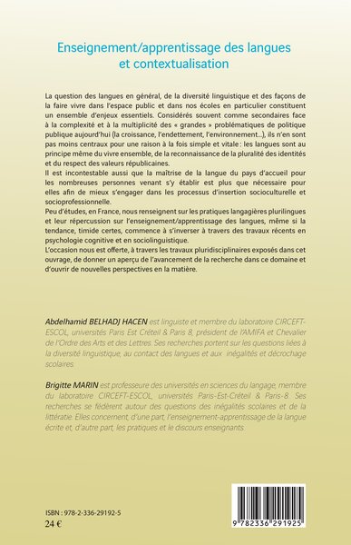 Enseignement/apprentissage des langues et contextualisation (9782336291925-back-cover)