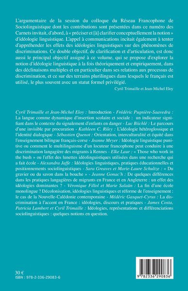 Carnets d'Atelier de Sociolinguistique, Idéologies linguistiques et discriminations (9782336290836-back-cover)